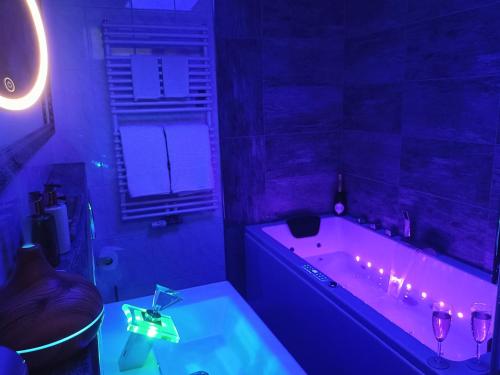 a bathroom with a tub with purple lights in it at Wohlfühloase Ermreuth in Neunkirchen am Brand