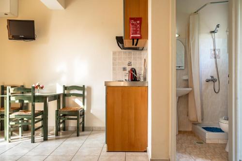 a bathroom with a sink and a table and a toilet at Anemona apartment 2 in Kefallonia