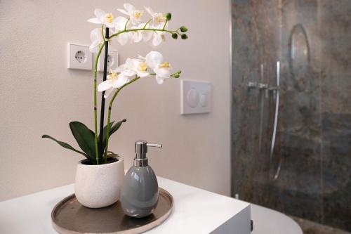 a bathroom with a bottle of soap and a flower at Villa Gargnano in Gargnano