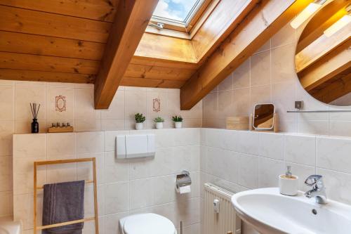 a bathroom with a toilet and a sink at Alpblick Apartment Zugspitze in Garmisch-Partenkirchen