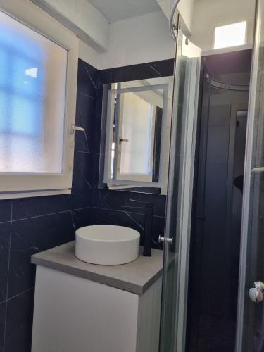a bathroom with a sink and a mirror at Charmant Studio Mezzanine in Biscarrosse