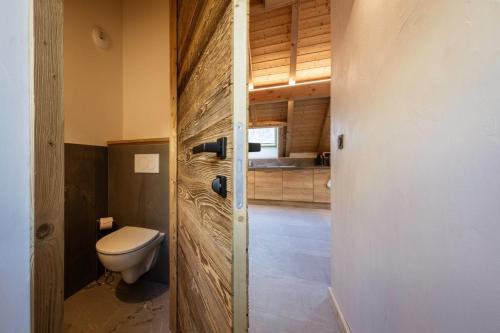 a bathroom with a toilet in a room at Chalet Le Strato in Valloire