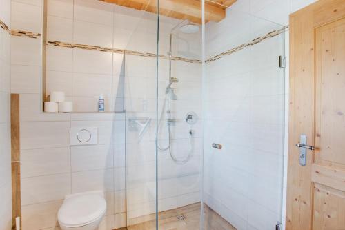 a bathroom with a shower and a toilet at Ferienwohnung Seeblick in Bad Heilbrunn