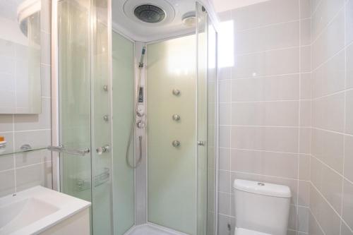 a shower with a glass door in a bathroom at Superbe Appart Neuf Climatisé in Albitreccia