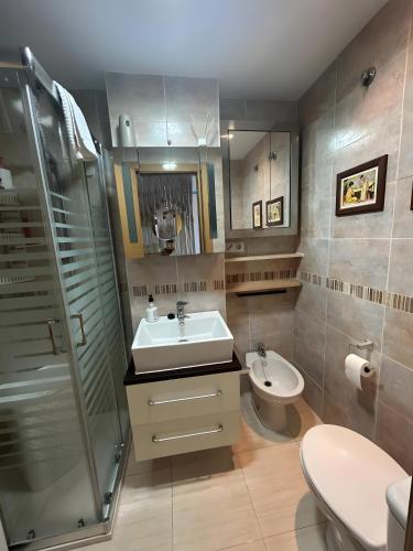 a bathroom with a sink and a shower and a toilet at Nasay Magic World in El Borseral