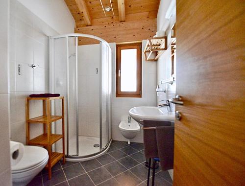 a bathroom with a shower and a toilet and a sink at Huberhof Mareit in Mareta