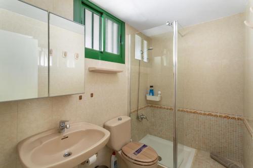 a bathroom with a toilet and a sink and a shower at Apartamento Yumbo Centro in Maspalomas