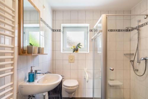 a bathroom with a sink and a toilet and a shower at Ferienwohnungen Mayerhofer in Arnstorf