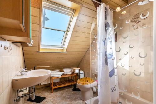 a bathroom with a sink and a toilet and a window at Whg 1- Ferien auf einem Resthof in Schönhagen