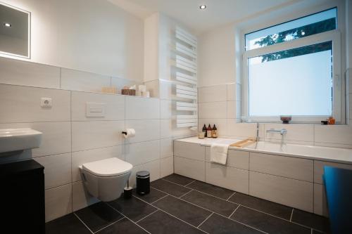 a bathroom with a toilet and a sink and a window at Barrierefreies Loft Apartment in Dessau