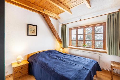 a bedroom with a blue bed and a window at Ole Schün Dannau in Oldenburg in Holstein