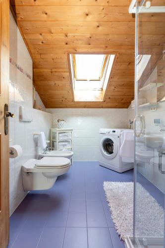 a bathroom with a toilet sink and a washing machine at Haus Simon in Nova Levante