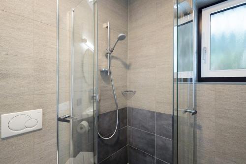 a bathroom with a shower with a glass door at Premium App Hofer Maria in Villabassa
