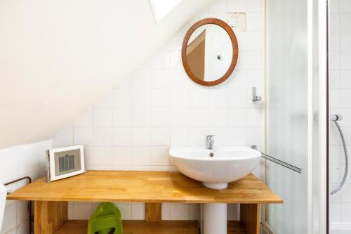 a bathroom with a sink and a mirror at le gite à Géo in Thoiry