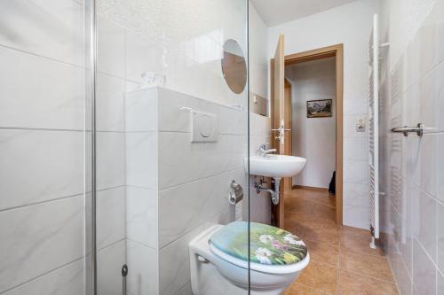 a bathroom with a toilet and a sink at Ferienwohnung Heidi in Bielatal