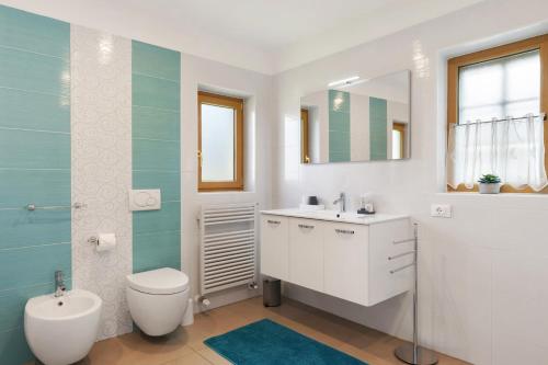 a bathroom with a toilet and a sink and a mirror at Auelehof Laives in Laives