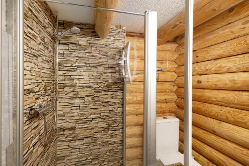 a bathroom with a stone wall at Chalet am See - Vogtland Chalet in Bad Brambach
