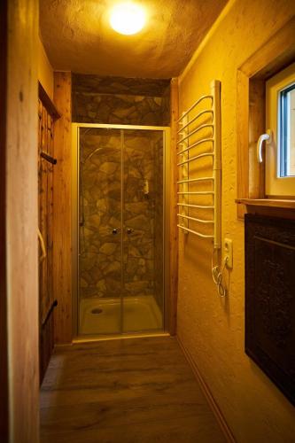a walk in shower in a room with a stone wall at Ferienwohnung Dina in Olbernhau