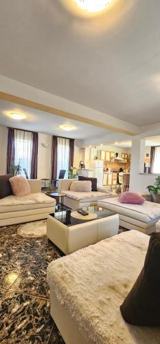 a large living room with couches and tables at Casa Aly Bușteni- Casa la cheie in Buşteni