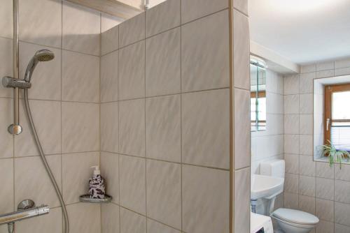 a bathroom with a shower and a toilet at Felicitas in Tann