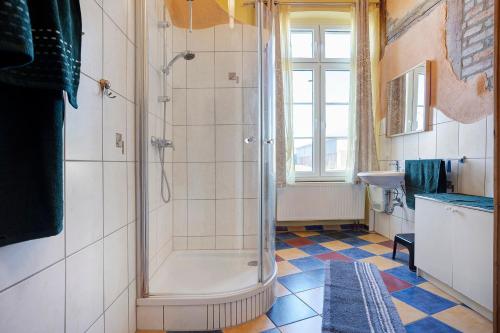 a bathroom with a shower and a sink at Gutshaus Meerzauber in Altenkirchen
