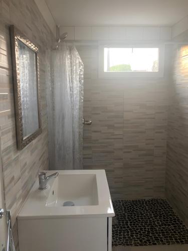 a bathroom with a white sink and a shower at Chalet Honfleur in Honfleur