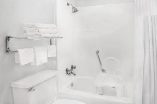 a white bathroom with a toilet and a shower at Meridian Inn in Meridian