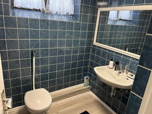 a blue tiled bathroom with a toilet and a sink at Ferienwohnung Princesa in Geilenkirchen