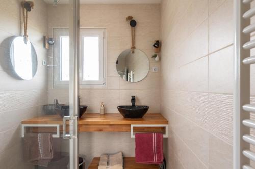 a bathroom with a sink and a mirror at Gite Du Ptit Lou in Noyers-sur-Cher