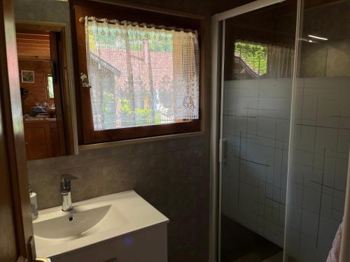 a bathroom with a sink and a shower with a window at Chalet 6p Confort - Le chevreuil in Verchaix