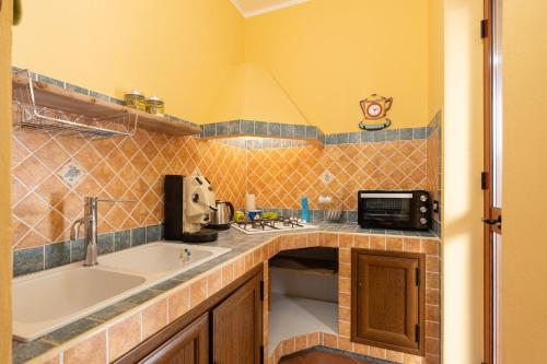 a kitchen with a sink and a microwave at Casa Delle Pomelie in Trappeto