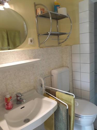 a bathroom with a sink and a toilet and a mirror at Ferienwohnung 'unter Der Linde' in Neuenkirchen