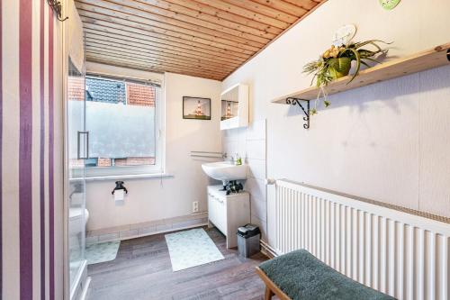 a bathroom with a sink and a toilet and a window at Altstadt Ferienhaus mit Terrasse in Husum