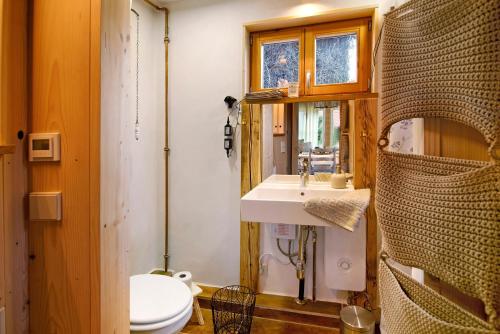 a bathroom with a sink and a toilet at Uptrulli-Minihaus in Vogt