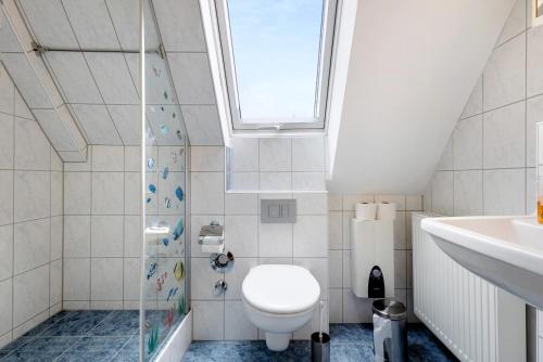 a bathroom with a toilet and a sink and a window at Buchhaus Vier - Dachgeschoss in Kirchenlamitz