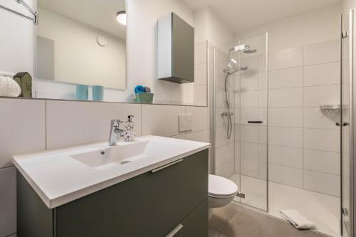 a bathroom with a sink and a toilet and a shower at Hodderup Wohnung 10 in Husby
