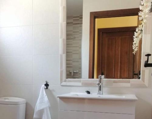 a bathroom with a sink and a mirror and a toilet at El Aterpe 3 in Aldehuela del Rincón