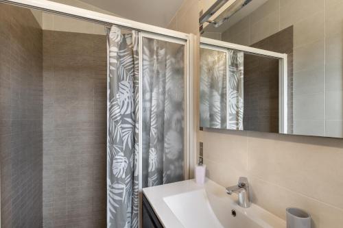 a bathroom with a shower with a sink and a mirror at Cal Torrentí in Caserras