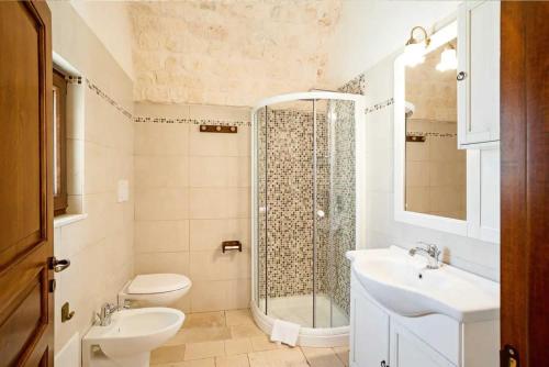 a bathroom with a shower and a toilet and a sink at Trullo Pesco in Martina Franca