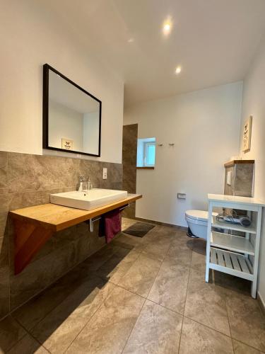 a bathroom with a sink and a toilet at Gut Wenne in Eslohe