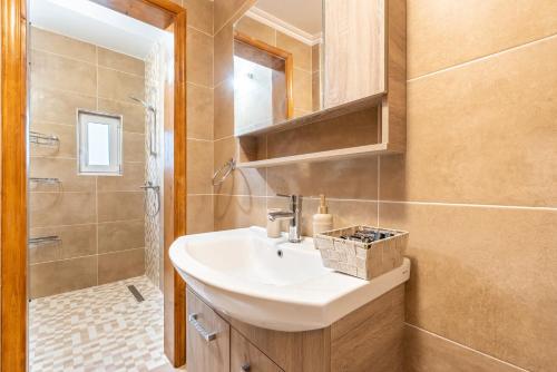 a bathroom with a sink and a shower at Absinthia Fanes in Rhodes Town