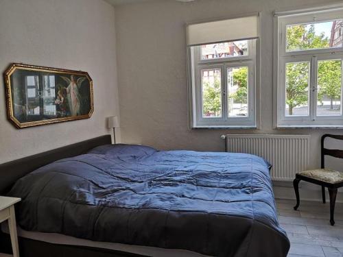 a bedroom with a blue bed and two windows at Historischer Marktplatz in Spangenberg