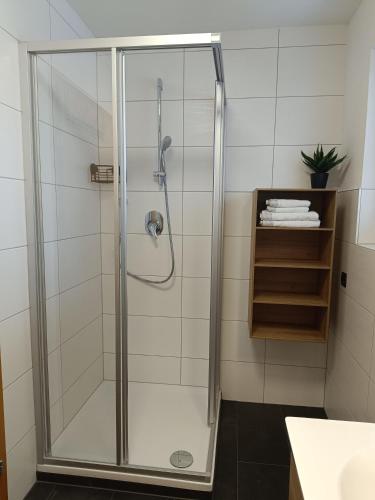 a shower with a glass door in a bathroom at Apart Bergtraum Ried - Typ 2 in Ried im Oberinntal