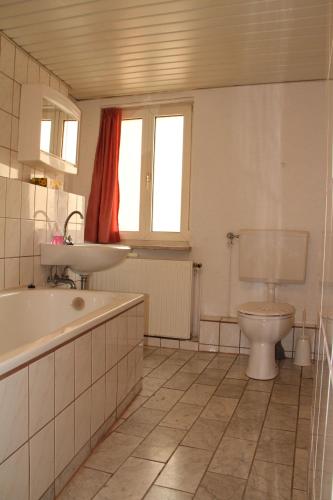 a bathroom with a tub and a sink and a toilet at Ferienwohnungen Sonnenblumenhaus in Bamberg