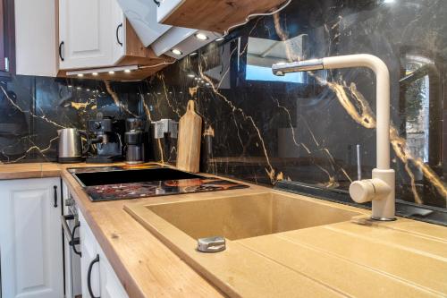 a kitchen with a sink and a faucet at Melissa apartments in Halikounas