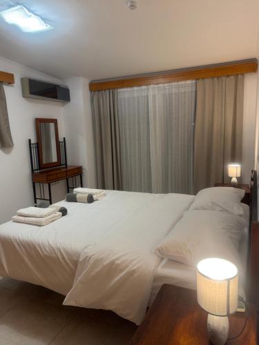 a bedroom with a large white bed with a window at Castle & Sea-Panorama Penthouse in Haraki
