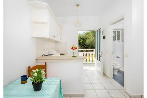 a white kitchen with a table and a toilet at Tamar Apartments, Laganas in Laganas