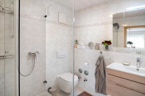 a bathroom with a shower and a toilet and a sink at Fewo Christi in Weißensberg