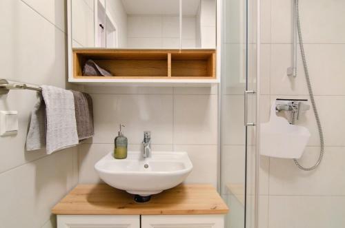 a bathroom with a sink and a shower at Weitblick in Uhldingen-Mühlhofen