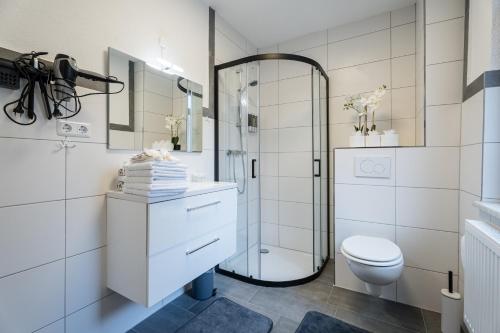 a white bathroom with a shower and a toilet at Evin's Apartment in Kehl am Rhein